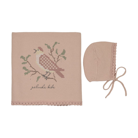 Peluche Knit Cross Stitch Blanket+Bonnet - Rose