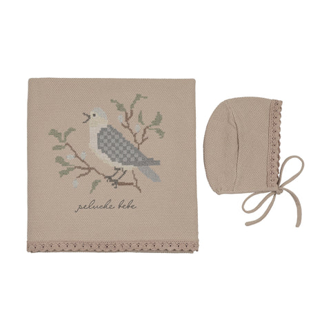 Peluche Knit Cross Stitch Blanket+Bonnet - Taupe