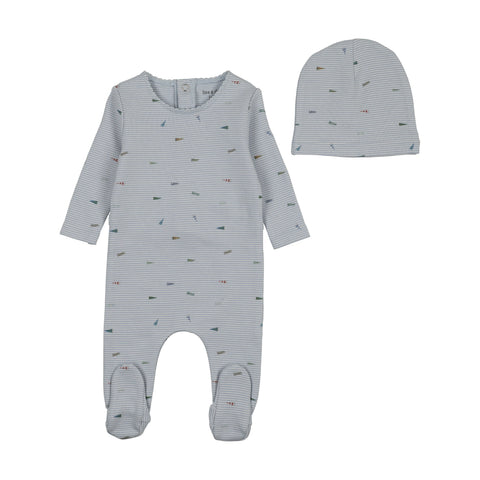 Bee and Dee Flag Print Footie+Beanie - Blue fog