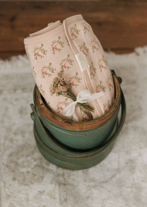 Peluche Floral Intarsia Knit Blanket - Rose