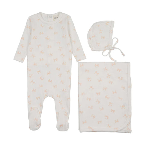 Mema Knits Bow Print Pointelle Blanket MSS26-06-3PC - Winter White - Rose Smoke Bows