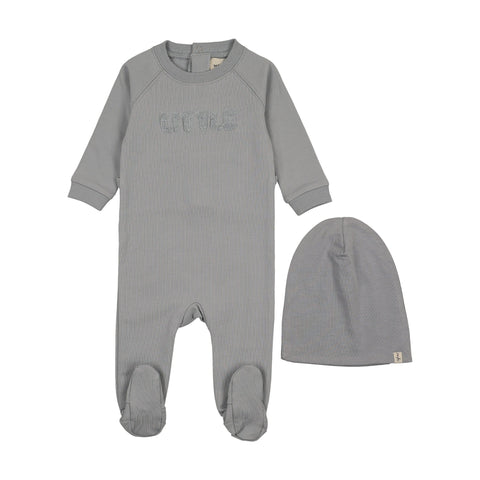 Mema Knits Sherpa Wordart Footie + Beanie - Dove Blue