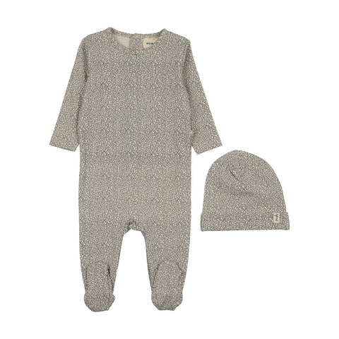 Mema Knits Leaf Printed Footie + Bonnet - Blue Leaf Print