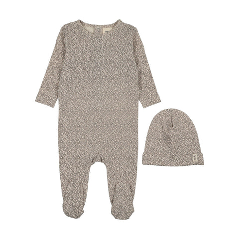 Mema Knits Leaf Printed Footie + Bonnet - Soft Pink Leaf Print