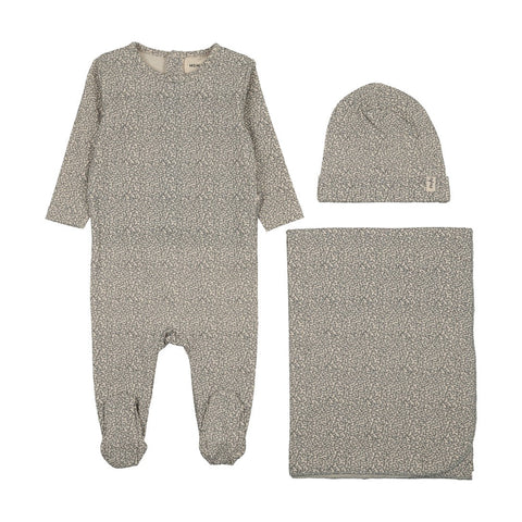 Mema Knits Leaf Printed Footie Bonnet & Blanket Set - Blue Leaf Print