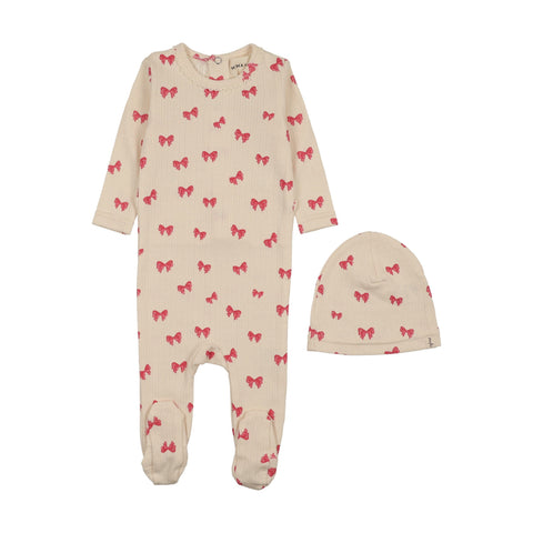 Mema Knits Bow Printed Footie + Beanie - Hot Pink Bow Print
