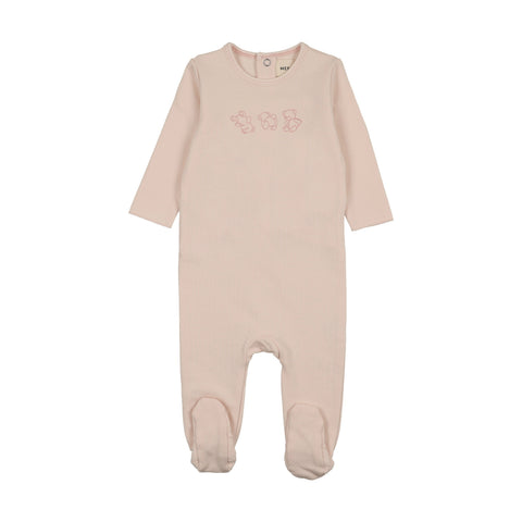 Mema Knits Embroidered Stitch Teddy Footie - Baby Blush, Pink Stitching