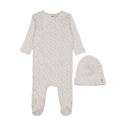 Mema Knits Floral Printed Side Snap Footie + Beanie - Winter White, Pink Flowers