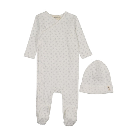 Mema Knits Floral Printed Side Snap Footie + Beanie - Winter White, Blue Flowers
