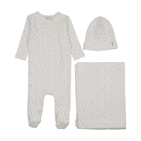 Mema Knits Floral Printed Side Snap Footie Bonnet & Blanket Set - Winter White, Blue Flowers