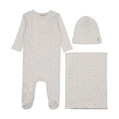 Mema Knits Floral Printed Side Snap Footie Bonnet & Blanket Set - Winter White, Pink Flowers