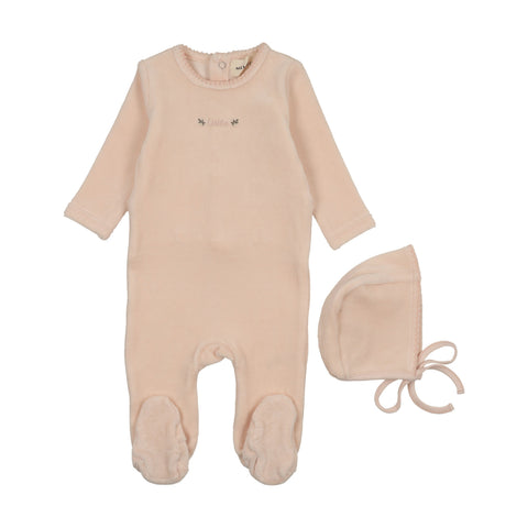 Mema Knits Velour Embroidered Footie + Bonnet - Baby Blush
