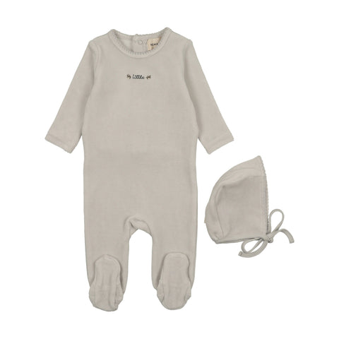 Mema Knits Velour Embroidered Footie + Bonnet - Ice Blue