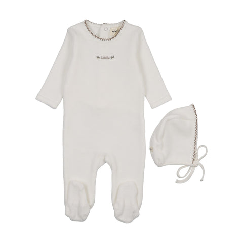 Mema Knits Velour Embroidered Footie + Bonnet - Winter White