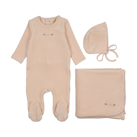 Mema Knits Velour Embroidered Footie Bonnet & Blanket Set - Baby Blush