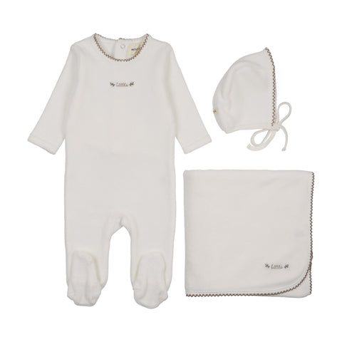 Mema Knits Velour Embroidered Footie Bonnet & Blanket Set - Winter White