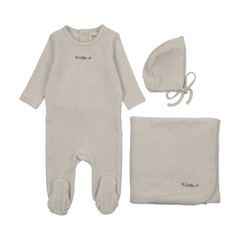 Mema Knits Velour Embroidered Footie Bonnet & Blanket Set - Ice Blue