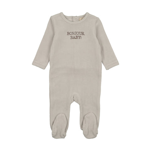Mema Knits Bonjour Baby Stitched Velour Footie - Ice Blue, Otter Stitching