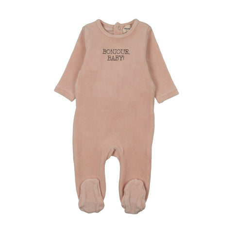 Mema Knits Bonjour Baby Stitched Velour Footie - Pale Rose, Otter Stitching