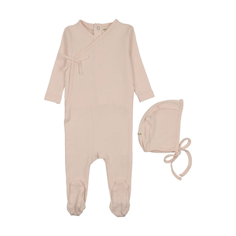 Mema Knits Mock Wrap Pointelle Footie + Bonnet - Baby Blush