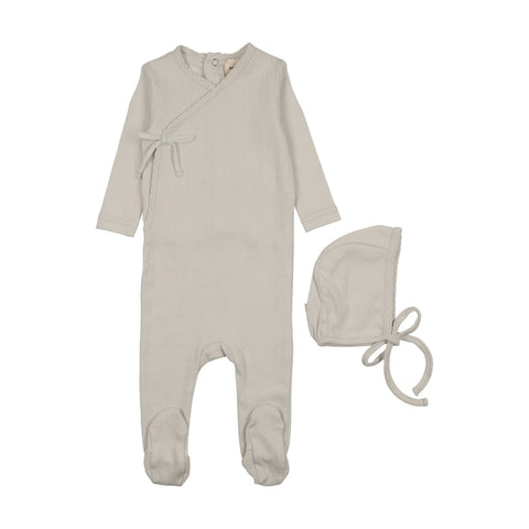 Mema Knits Mock Wrap Pointelle Footie + Bonnet - Ice Blue