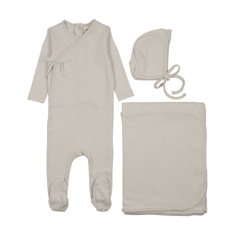 Mema Knits Mock Wrap Pointelle Footie Bonnet & Blanket Set - Ice Blue