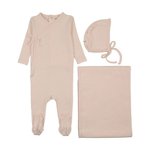 Mema Knits Mock Wrap Pointelle Footie Bonnet & Blanket Set - Baby Blush