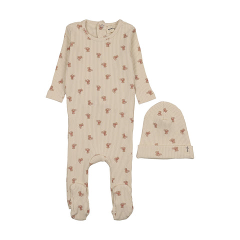 Mema Knits Bear Printed Footie + Beanie - Bear Print