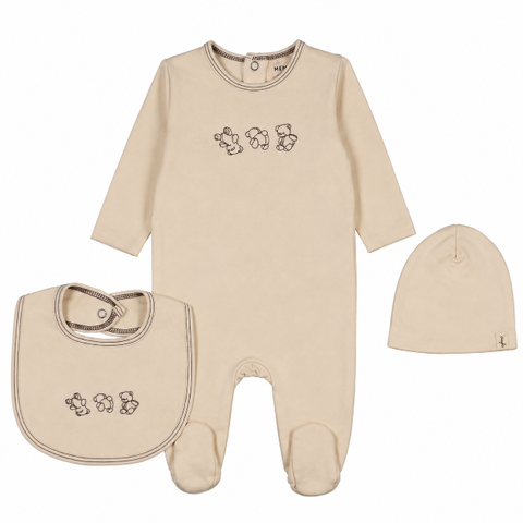 Mema Knits Embroidered Stitch Teddy Footie, Beanie & Bib Set - Light Beige