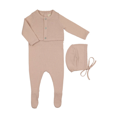 Peluche Knit Jumpsuit + Cropped Cardigan + Bonnet Set - Rose