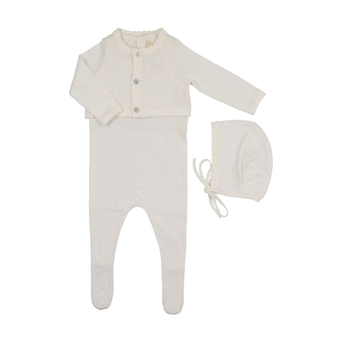 Peluche Knit Jumpsuit + Cropped Cardigan + Bonnet Set - Cream
