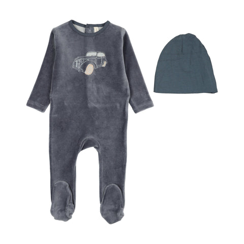 Lilette Stitched Graphic Velour Footie Set - Off Navy
