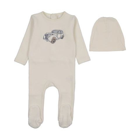 Lilette Stitched Graphic Velour Footie Set - Cream Blue