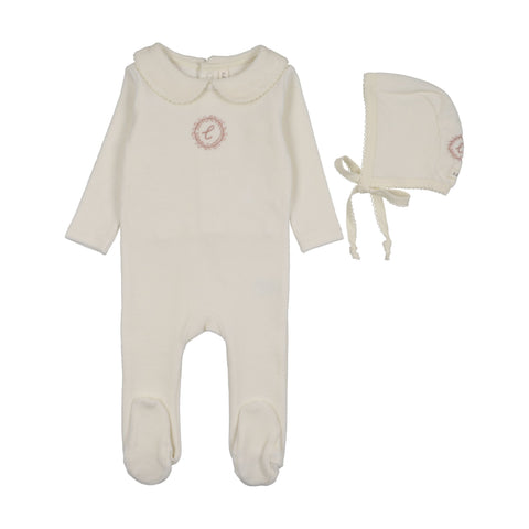 Lilette Velour Crest Emblem Footie Set - Cream Pink