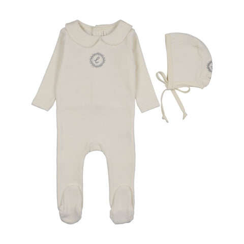 Lilette Velour Crest Emblem Footie Set - Cream Blue