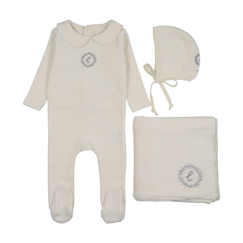 Lilette Velour Crest Emblem Layette Set - Cream Blue