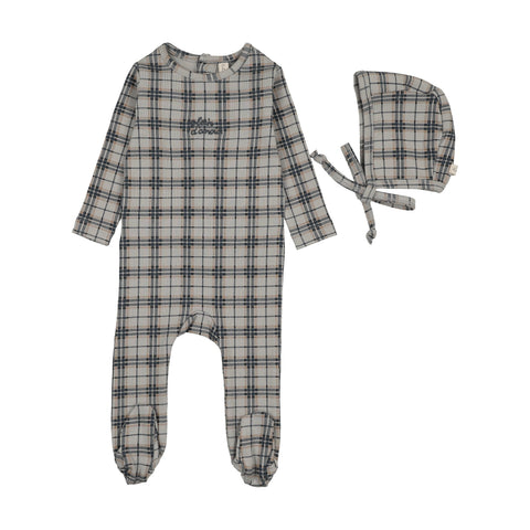 Lilette Tartan Print Footie Set - Pale Blue