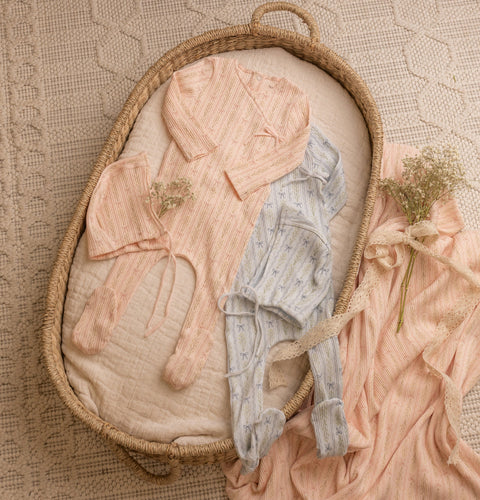 Bee and Dee Linear Floral Wrap Footie + Beanie & Blanket Set - Ballerina Pink