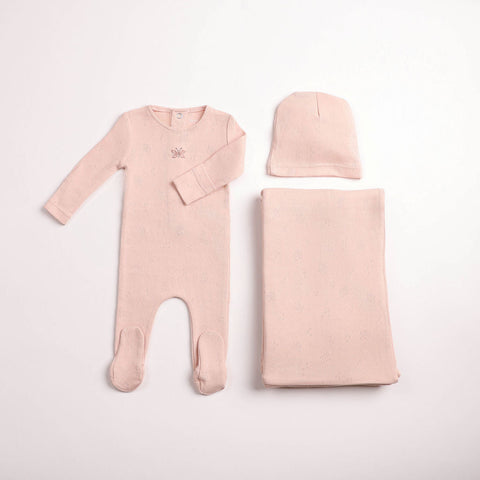 Bee and Dee Wings Pointelle Footie + Beanie Set Caramel