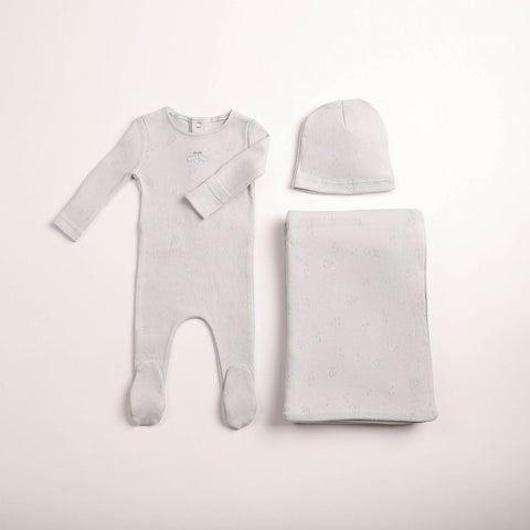 Bee and Dee Wings Pointelle Footie + Beanie Dusty Blue