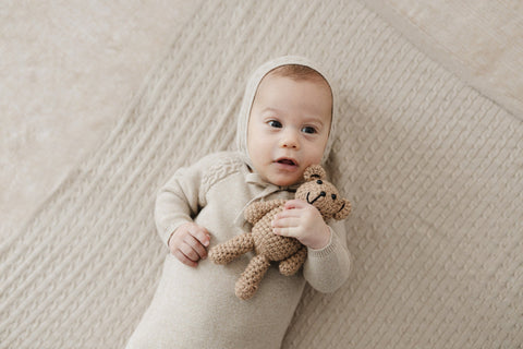 Mi Amour Cable Knit Footie + Hat - Oatmeal, worn