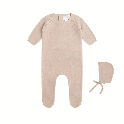 Mi Amour Cable Knit Footie + Hat - Oatmeal