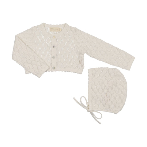 Peluche Knit Pointelle Cropped Cardigan + Bonnet Set - Cream