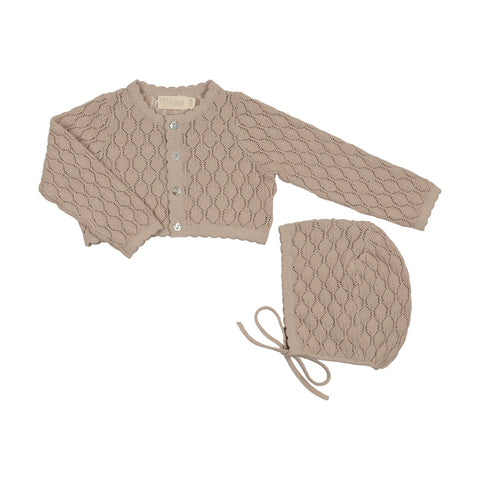 Peluche Knit Pointelle Cropped Cardigan + Bonnet Set - Taupe
