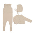 Peluche Knit Jumpsuit + Cropped Cardigan + Bonnet Set - Stone