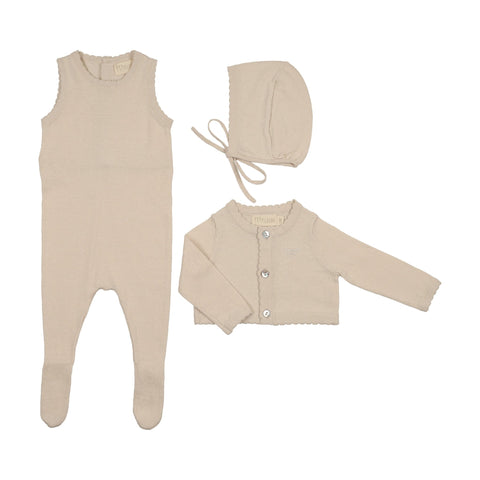 Peluche Knit Jumpsuit + Cropped Cardigan + Bonnet Set - Stone