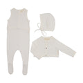 Peluche Knit Jumpsuit + Cropped Cardigan + Bonnet Set - Cream