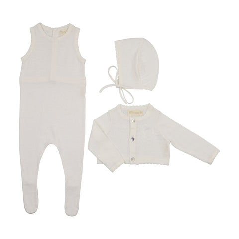 Peluche Knit Jumpsuit + Cropped Cardigan + Bonnet Set - Cream