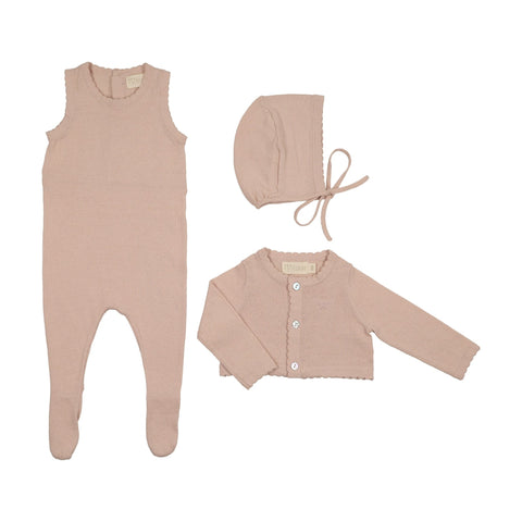 Peluche Knit Jumpsuit + Cropped Cardigan + Bonnet Set - Rose