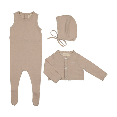 Peluche Knit Jumpsuit + Cropped Cardigan + Bonnet Set - Taupe